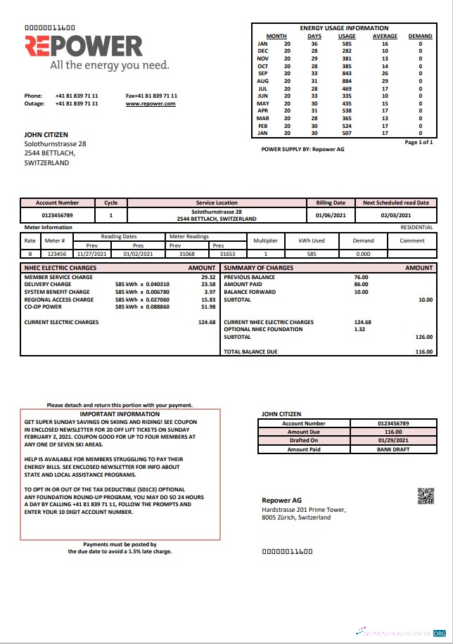 download Switzerland Repower AG utility bill template, fully editable in Word and PDF format PDF template